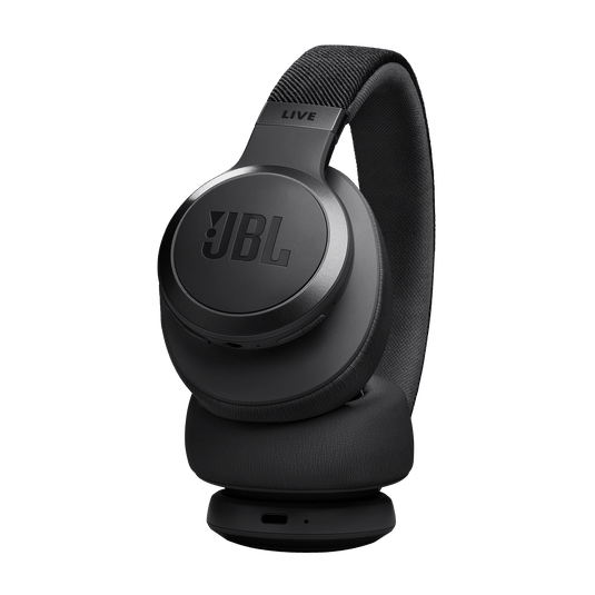 JBL Live 770NC Kenya 3/4 angle folded view showing JBL logo earcup and USB-C charging port at base