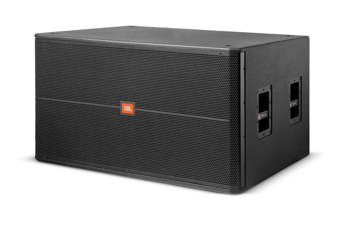 JBL SRX728S subwoofer Kenya — front-right 3/4 view, Speakon NL4 connector panel, steel grille, JBL badge
