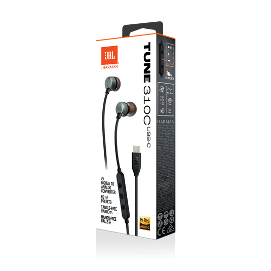 JBL Tune 310C Kenya retail box showing earphones, USB-C cable, Hi-Res Audio badge and feature callouts