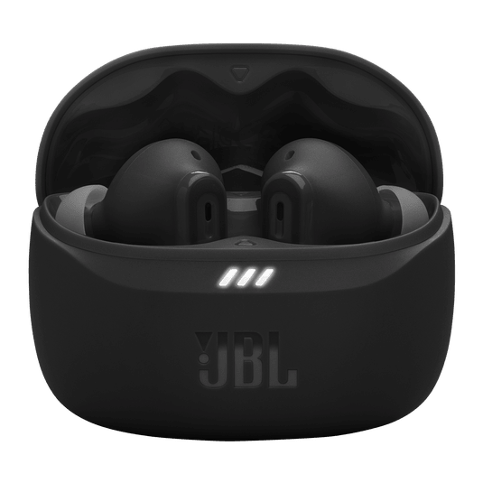 JBL Tune Beam 2 Kenya open charging case top-down view showing both earbuds seated inside with LED indicators