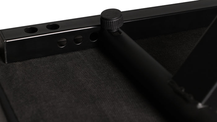 keyboard bench Kenya underside detail showing height adjustment knob, slotted steel rail, and X-frame brace