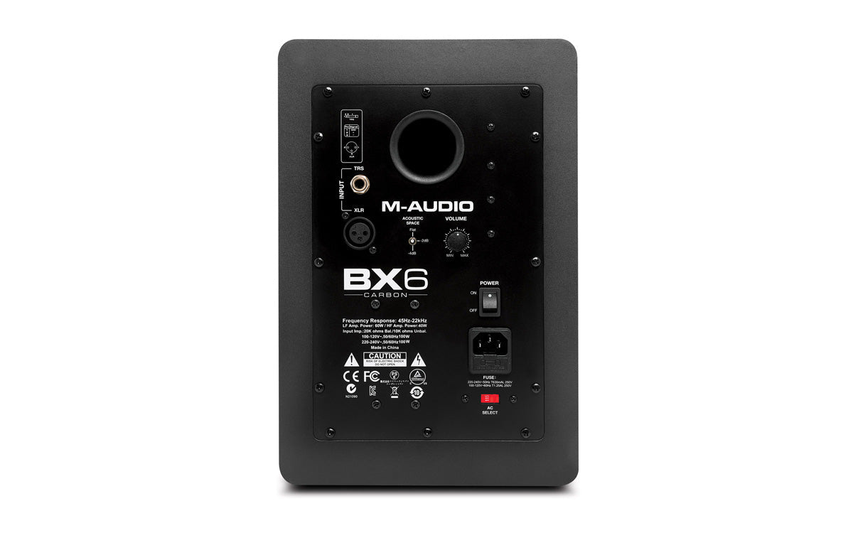 M-Audio BX6 Carbon rear panel showing balanced XLR, TRS, and RCA inputs — studio monitor Kenya
