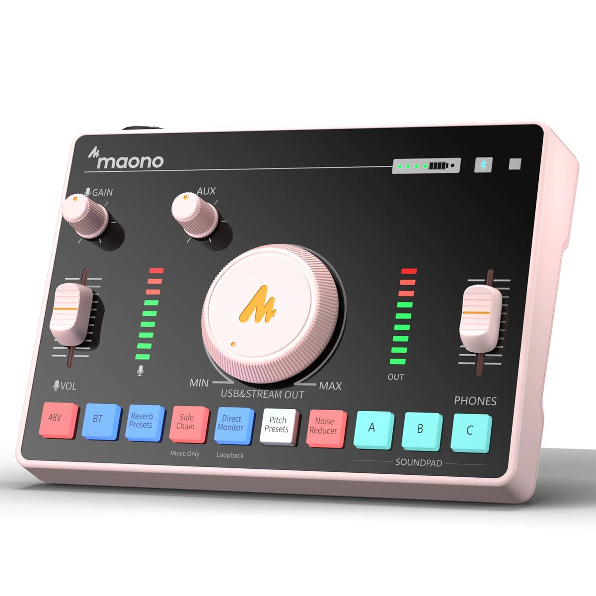 Maono AMC2 Neo sound card Kenya – rose pink colorway front panel showing all controls, soundpads and LED level meters