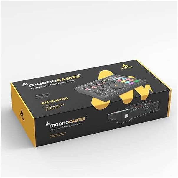 MaonoCaster AM100 Kenya all-in-one podcast production studio front panel with channel faders, LED indicators and jingle pads