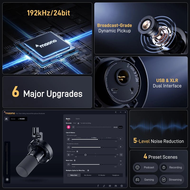 MAONO PD300X podcast microphone on desk setup with 3-in-1 smart knob and mute button visible