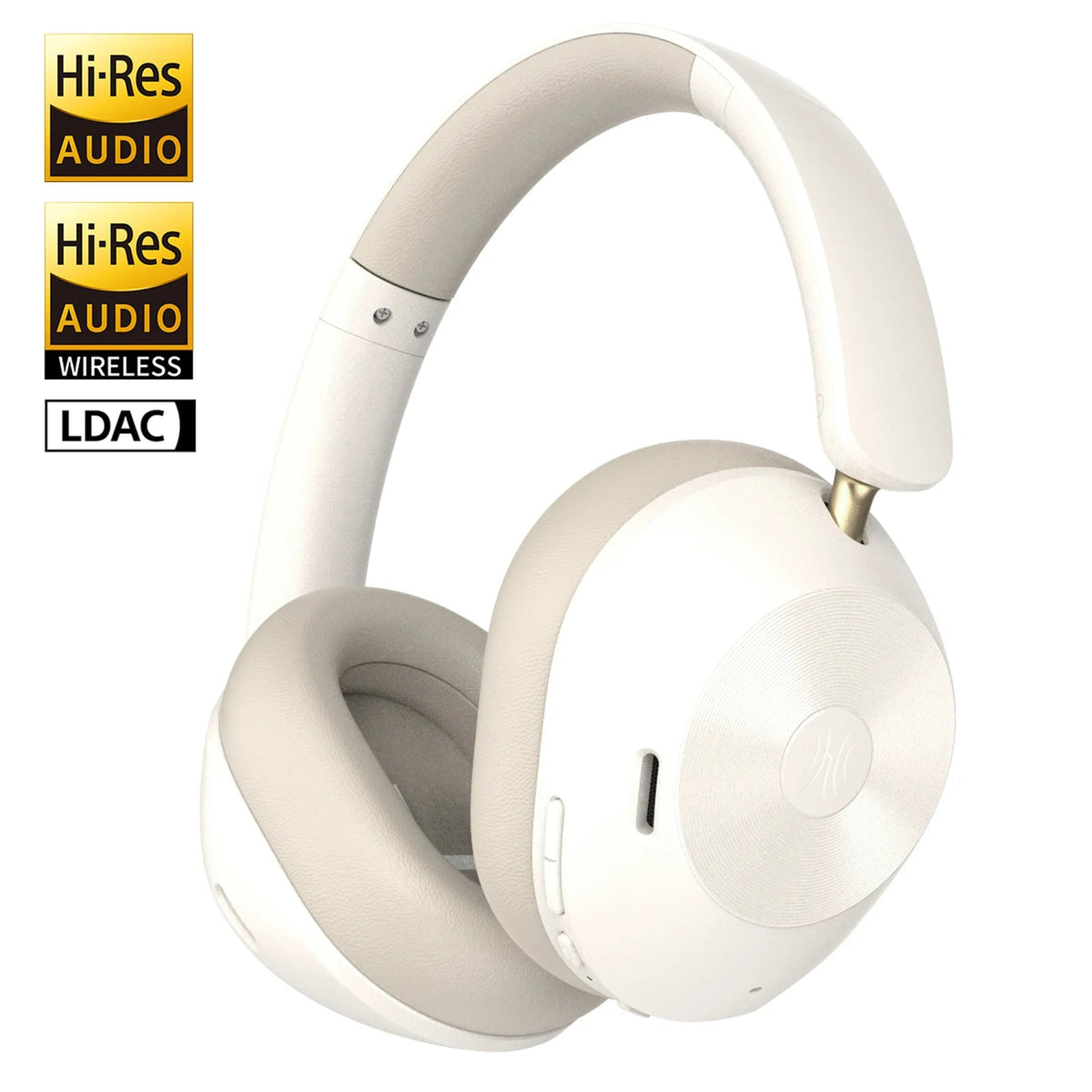 OneOdio A5 ANC headphones Kenya cream white colourway front angle with gold hinge Hi-Res and LDAC badges