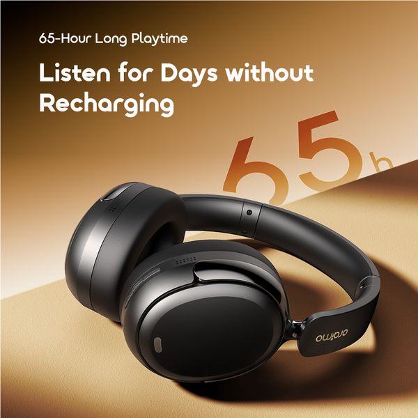 Oraimo BoomPop N Kenya wireless headphones folded on surface showing 65-hour long playtime graphic