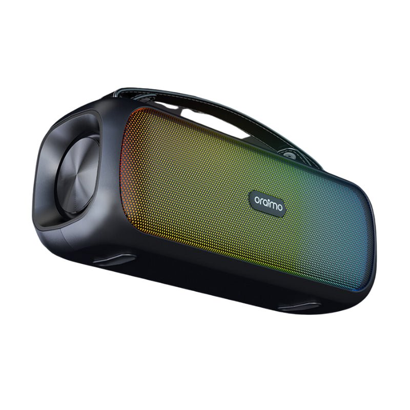 Oraimo OBS-75D Bluetooth speaker side profile with built-in carry handle and IPX5 waterproof body