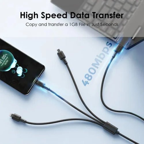 Oraimo OCD-X93 3-in-1 charging cable in use simultaneously charging Android phone and iPhone, Kenya