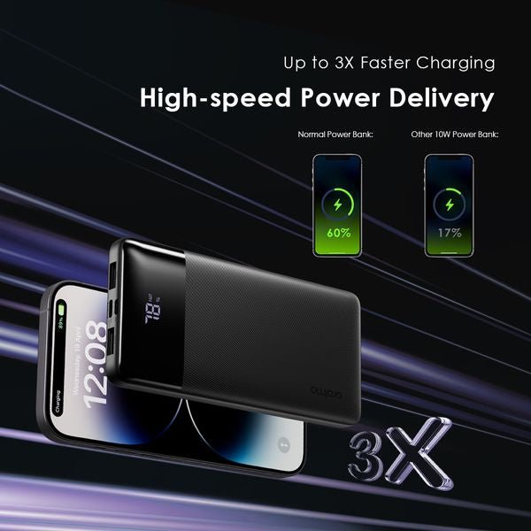 Oraimo OPB-7100Q Toast 20 Kenya charging a smartphone, digital LED display showing battery level