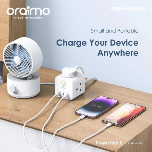 raimo OWS-U342 power expansion cube in use on a desk with multiple devices charging simultaneously
