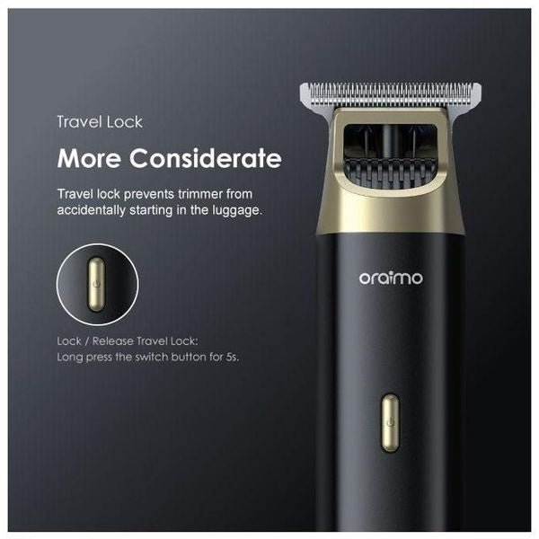 Oraimo TR12 beard trimmer front view showing adjustable speed control and stainless steel blades