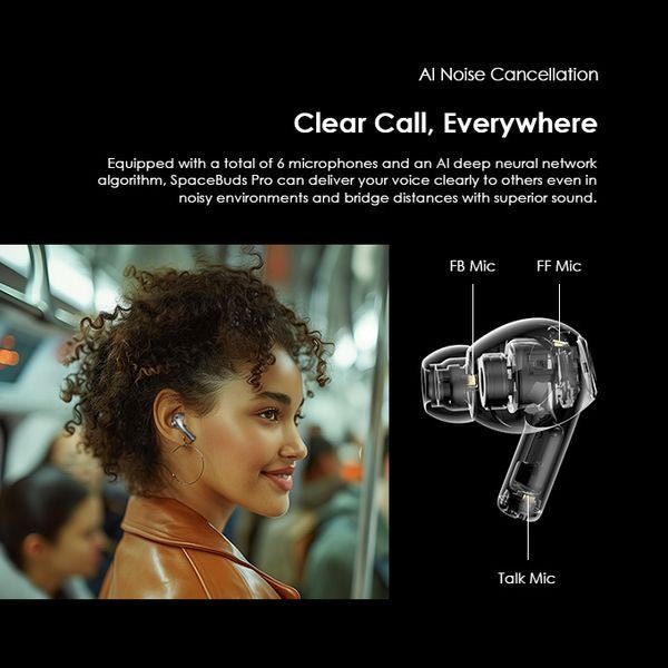 Oraimo SpaceBuds Pro earbuds with charging case, showing USB-C port and battery indicator