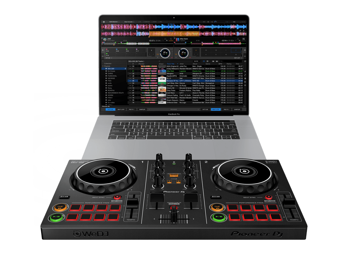 Pioneer DDJ-200 DJ controller Kenya — lifestyle setup with MacBook Pro running rekordbox software in background