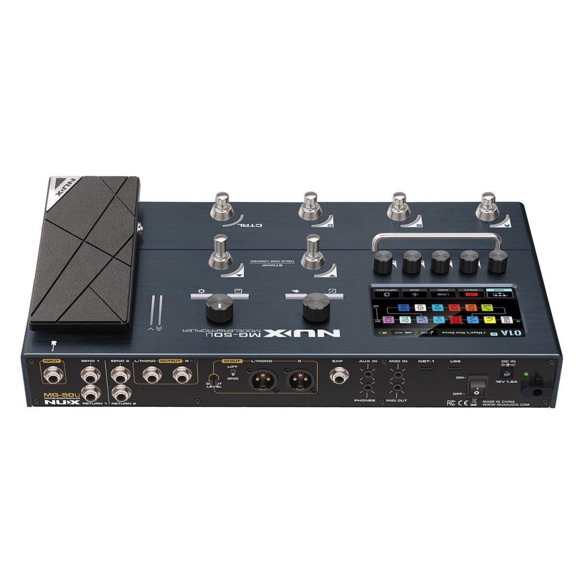NUX MG-50Li guitar multi-effects processor Kenya white variant angled top-rear view showing rear I/O and full control panel from above`