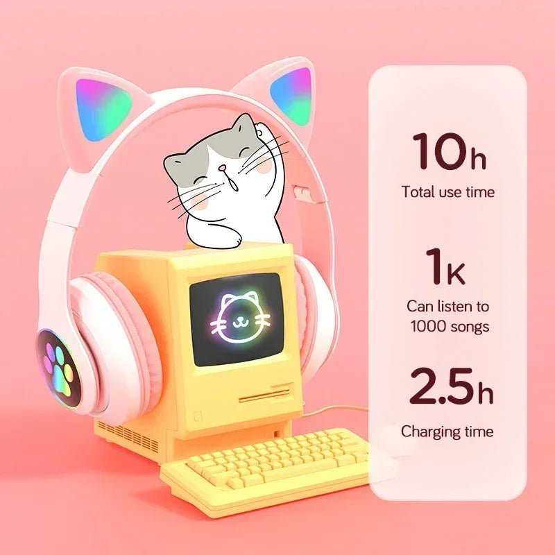 Rainbow Cat Ear Wireless Headphones – Bluetooth + MP3 with Foldable Design, LED Lights, and SD Card Support - ZAMAR AUDIO SOLUTIONS
