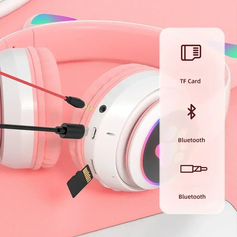 Rainbow Cat Ear Wireless Headphones – Bluetooth + MP3 with Foldable Design, LED Lights, and SD Card Support - ZAMAR AUDIO SOLUTIONS