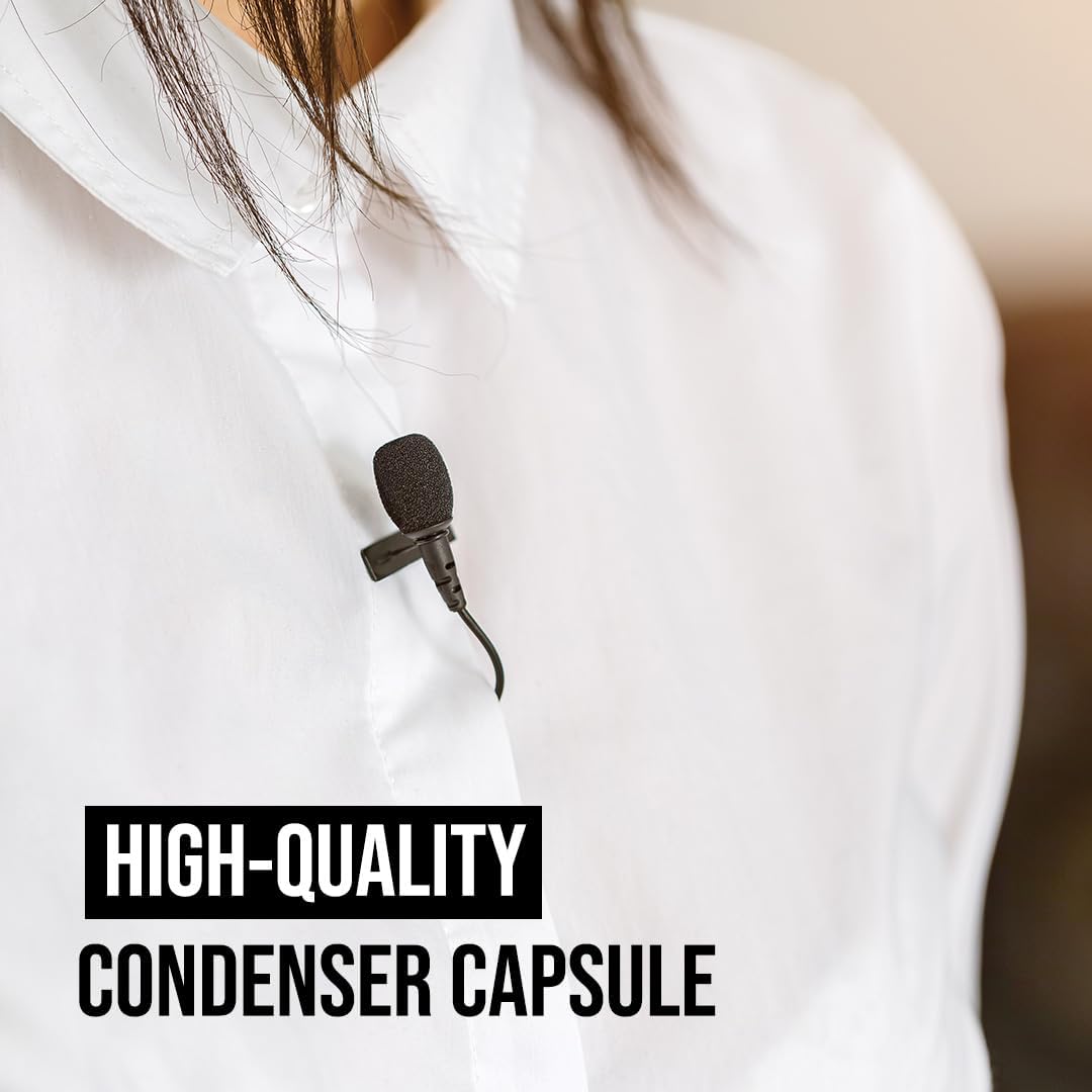 Rode Lavalier GO microphone clipped to shirt collar during interview