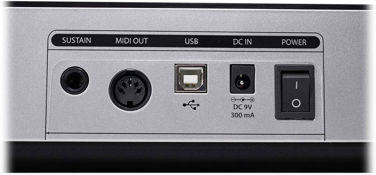 Samson Graphite 49 Kenya rear connectivity panel close-up: SUSTAIN jack, MIDI OUT, USB-B port, DC 9V 300mA, and power switch