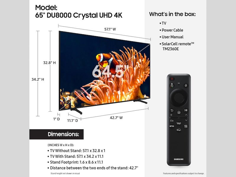 Samsung 65DU8000 Kenya — what's in the box: TV unit, SolarCell remote TM2360E, power cable, user manual with dimensions chart