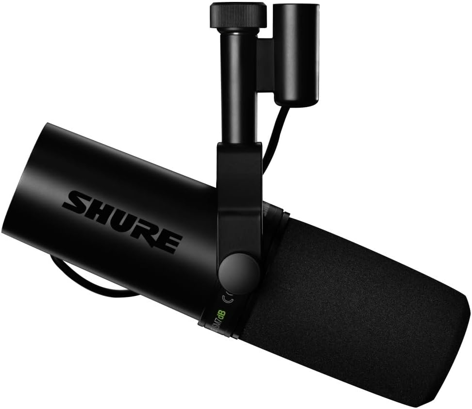 Shure SM7dB Kenya side profile on yoke arm, close view of mesh grille, SHURE body branding, and XLR cable port