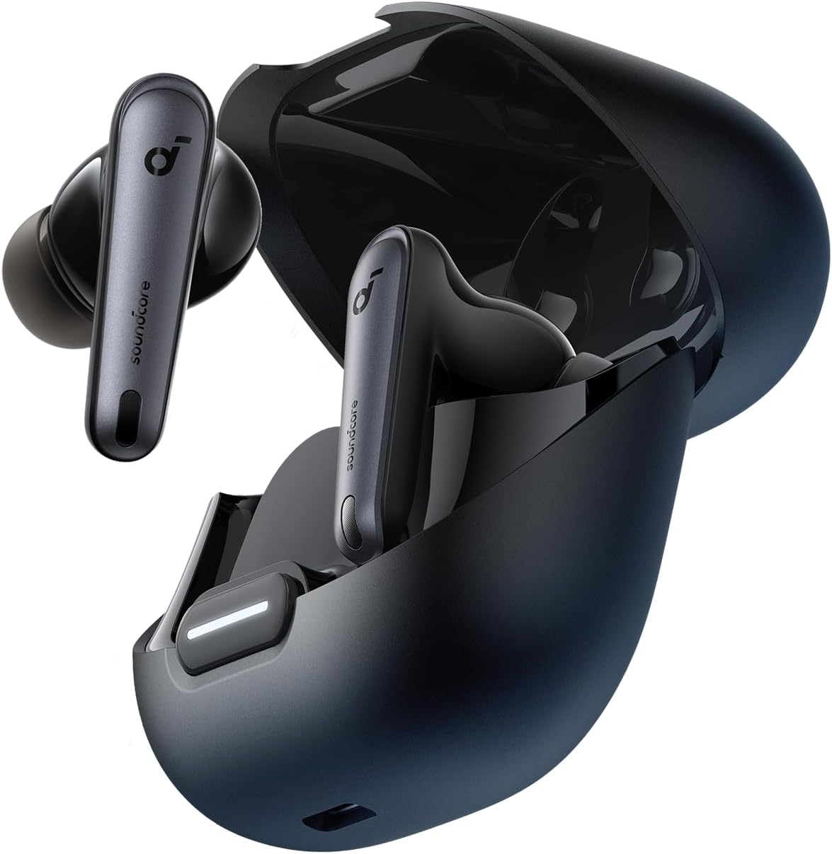 Soundcore Liberty 4 NC Kenya earbuds resting in open USB-C charging case showing battery capacity