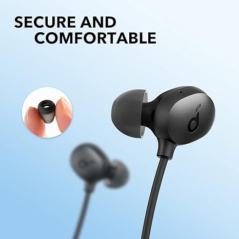 Soundcore Life U2i neckband earphones in black, magnetic earbuds connected, shown on white background