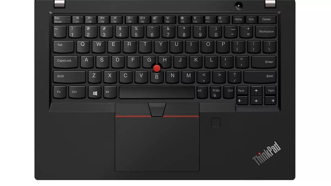 ThinkPad X390 Kenya — top-down keyboard view, TrackPoint, fingerprint reader and ThinkPad branding visible