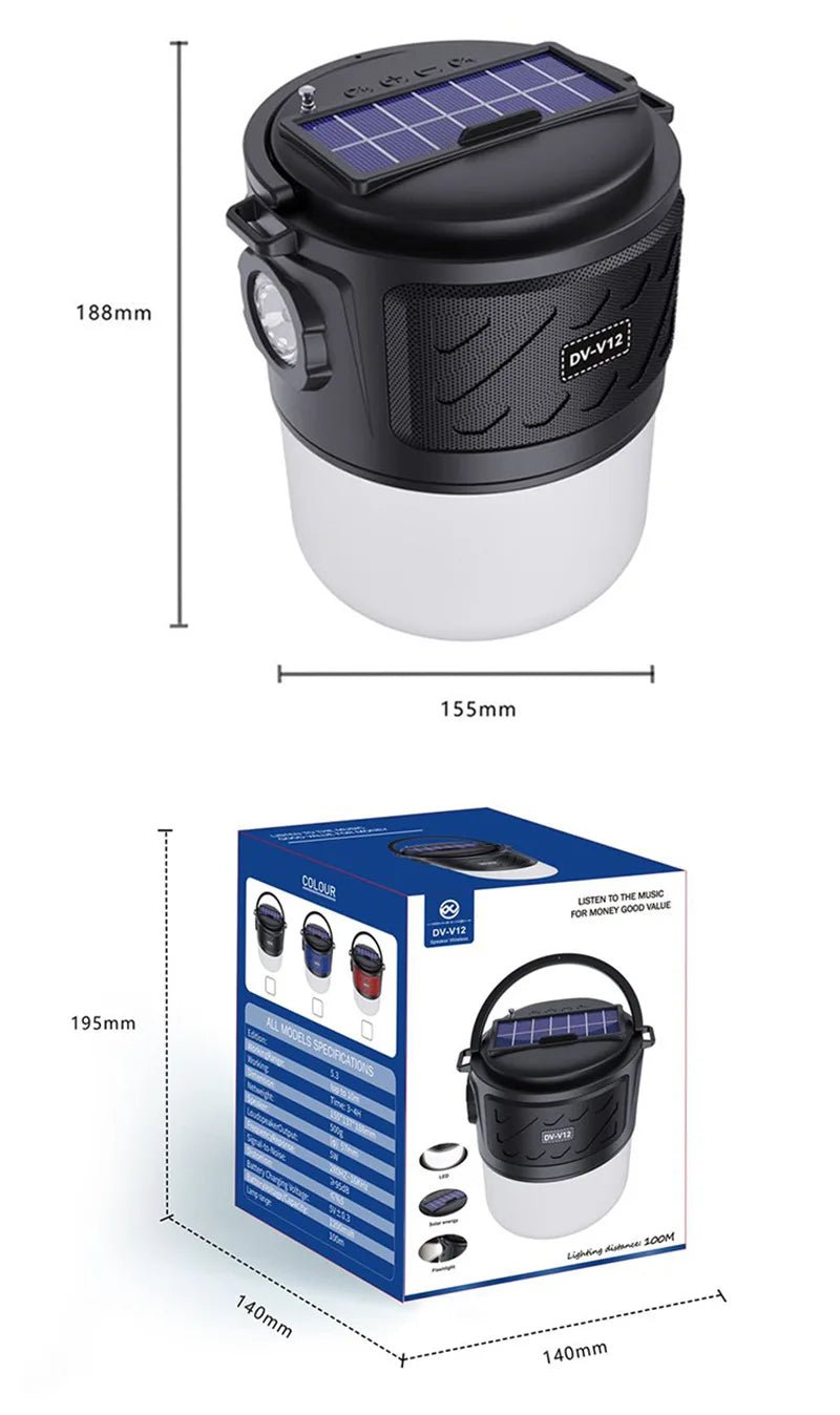 V12 Outdoor Solar Lighting Camping Light Wireless Bluetooth Speaker – Portable Subwoofer, FM, TF Card, Convenient Card Insertion - ZAMAR AUDIO SOLUTIONS