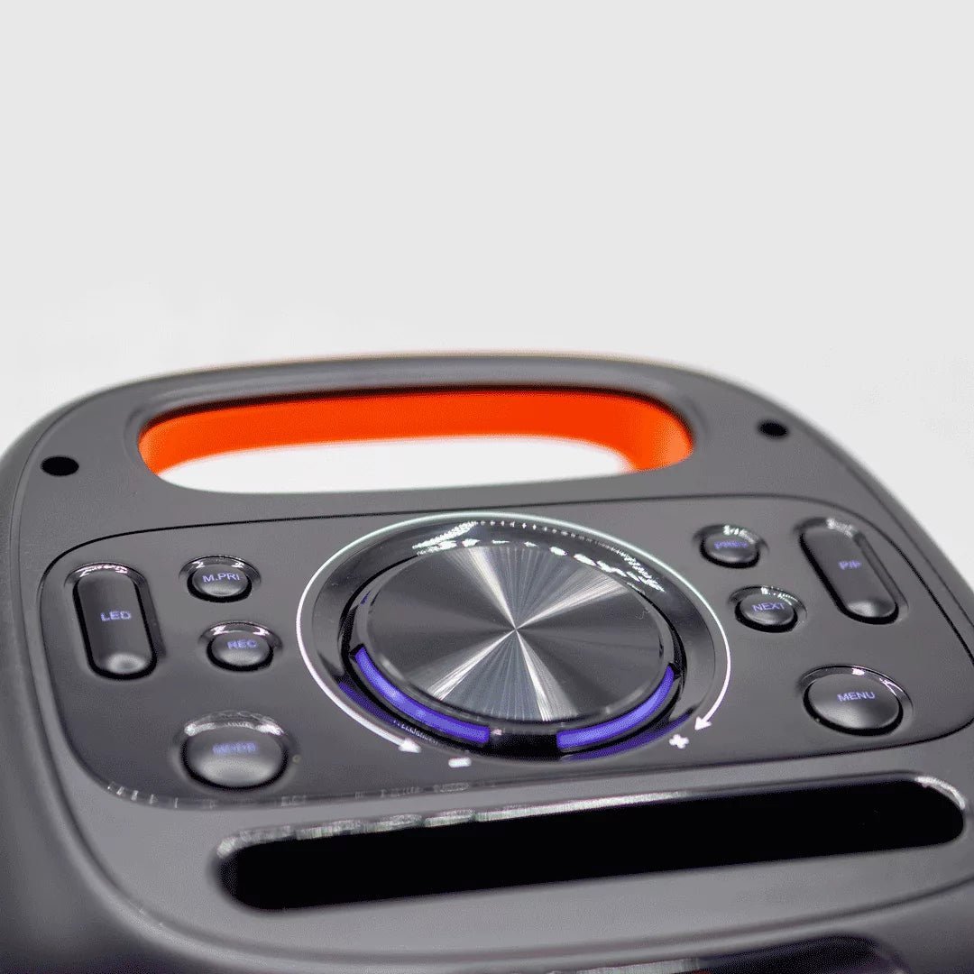 Vision Plus BeatBox Mini Kenya top panel with orange carry handle, control knob and purple LED accent ring