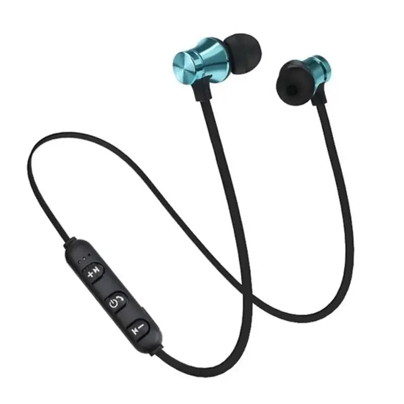 XT11 Sports neckband earphones Kenya – teal/blue metallic earbuds with black neckband and inline control module