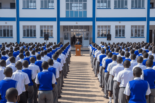 Standing secondary school students at an outdoor morning assembly in Kenya, with PA speakers flanking a podium at the front where a deputy principal addresses the crowd. Zamaraudio