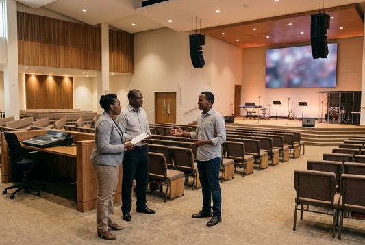 Zamar Audio Solutions: three church team members stand in a Nairobi sanctuary discussing a sound system upgrade.
