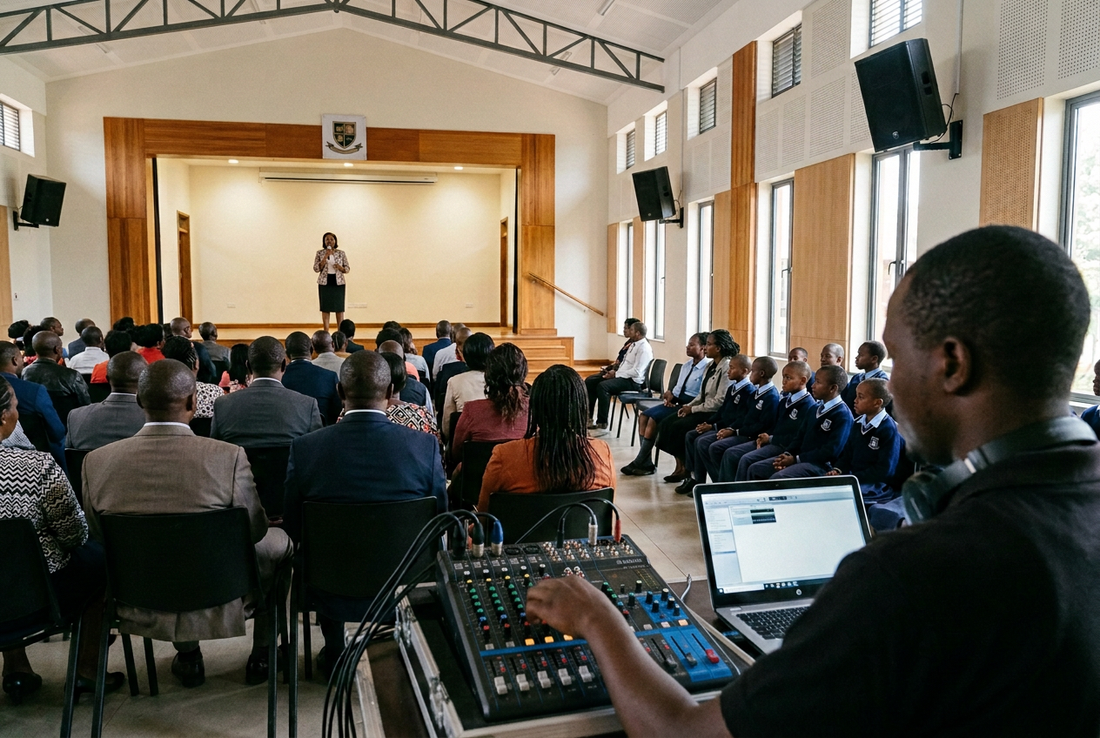 Zamar Audio Solutions: an operator uses a Yamaha MG16XU mixer as a teacher addresses parents in a Nairobi school hall.