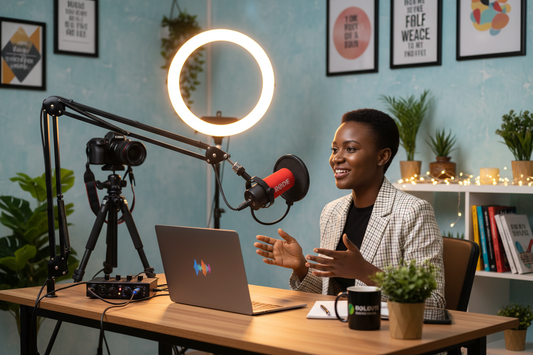 Kenyan content creator podcasting with a professional microphone setup — Zamar Audio Solutions