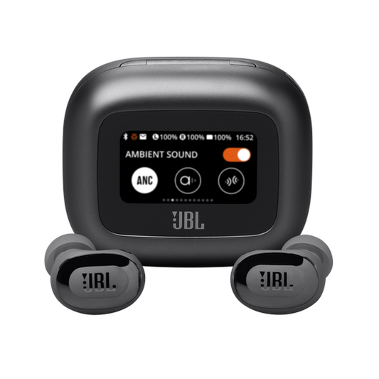 JBL Live Buds 3 closed-stick earbuds in black nestled inside open Smart Charging Case displaying touchscreen controls.