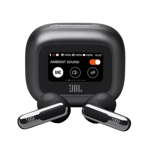 JBL Live Flex 3 open-stick earbuds in black inside open Smart Charging Case showing the 1.45-inch touchscreen display.