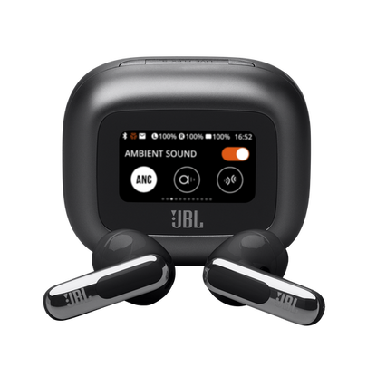 JBL Live Flex 3 open-stick earbuds in black inside open Smart Charging Case showing the 1.45-inch touchscreen display.