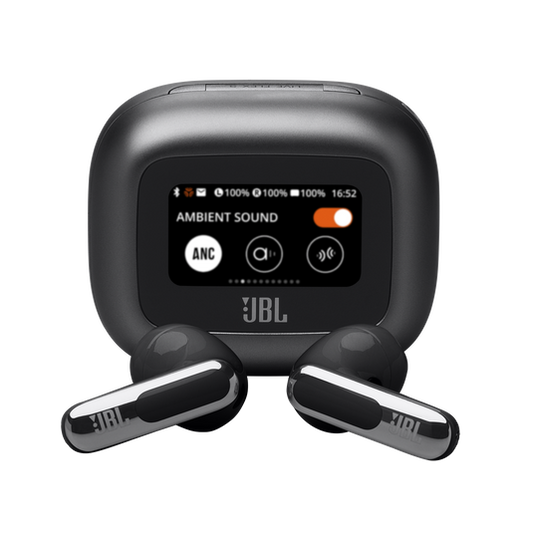 JBL Live Flex 3 open-stick earbuds in black inside open Smart Charging Case showing the 1.45-inch touchscreen display.