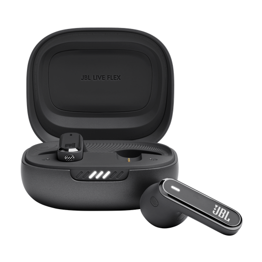JBL Live Flex true wireless earbuds in black inside open Qi wireless charging case displaying LED status.