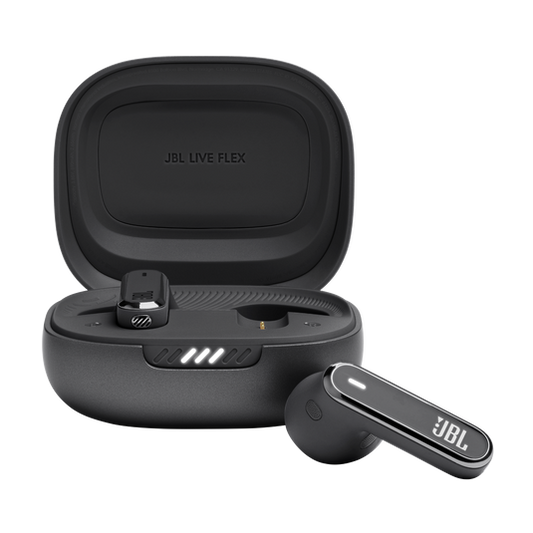 JBL Live Flex true wireless earbuds in black inside open Qi wireless charging case displaying LED status.