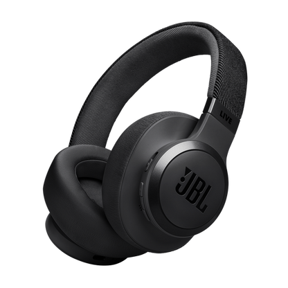 JBL Live 770NC black over-ear headphones with plush ear cushions and fabric-wrapped headband viewed from the side.