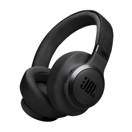 JBL Live 770NC black over-ear headphones with plush ear cushions and fabric-wrapped headband viewed from the side.