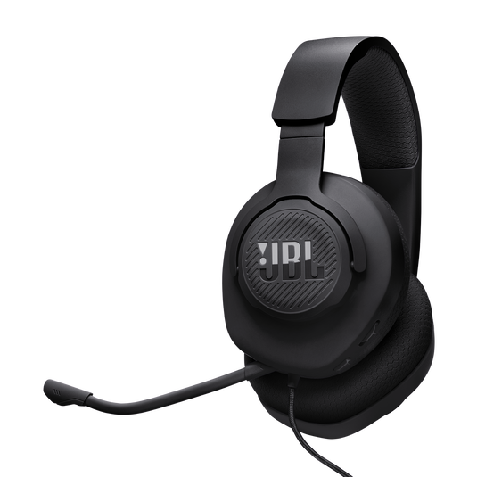 Black JBL Quantum 100M2 over-ear gaming headset with detachable boom microphone flipped up.