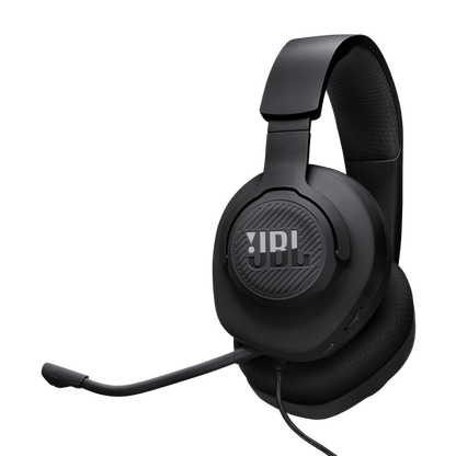 Black JBL Quantum 100M2 over-ear gaming headset with detachable boom microphone flipped up.