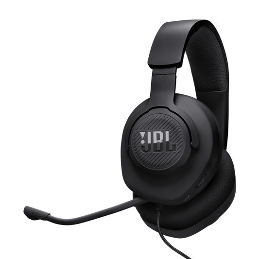 Black JBL Quantum 100M2 over-ear gaming headset with detachable boom microphone flipped up.