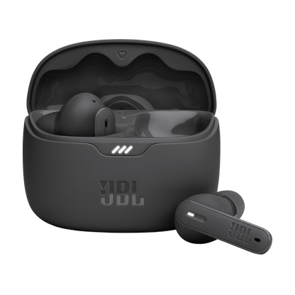 JBL Tune Beam true wireless earbuds inside open charging case with LED battery indicator and USB-C cable.