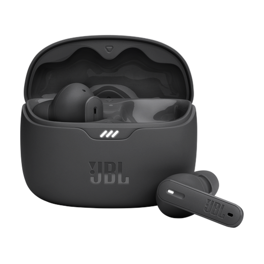 JBL Tune Beam true wireless earbuds inside open charging case with LED battery indicator and USB-C cable.