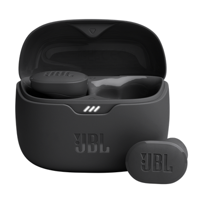 Black JBL wireless earbuds with charging case on a white background