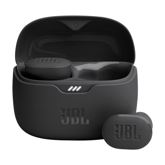 Black JBL wireless earbuds with charging case on a white background